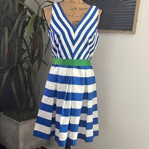 Kim Rogers Blue and White Striped Mini Dress with Green Accent